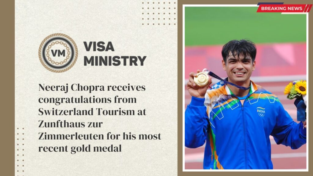 Neeraj Chopra receives congratulations from Switzerland Tourism at Zunfthaus zur Zimmerleuten for his most recent gold medal